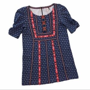 Anthropologie Akemi Kin Seva tunic top blue knit bright orange embroidery XS
